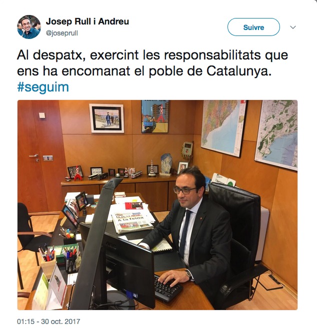Catalogne : un membre de l&rsquo;exécutif tweete sa présence au bureau
