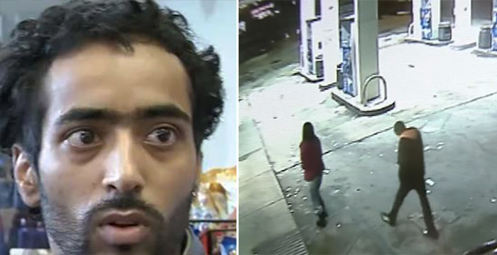 Le brave employé d&rsquo;une station-service fait face à un kidnappeur armé. Il dit à la victime : « Restez derrière moi »