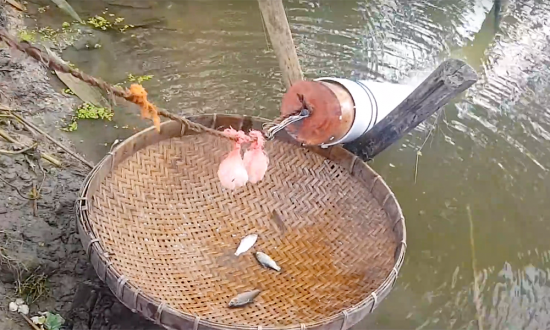 Cet homme utilise un simple tuyau en plastique, du bois et une ficelle pour pêcher le poisson