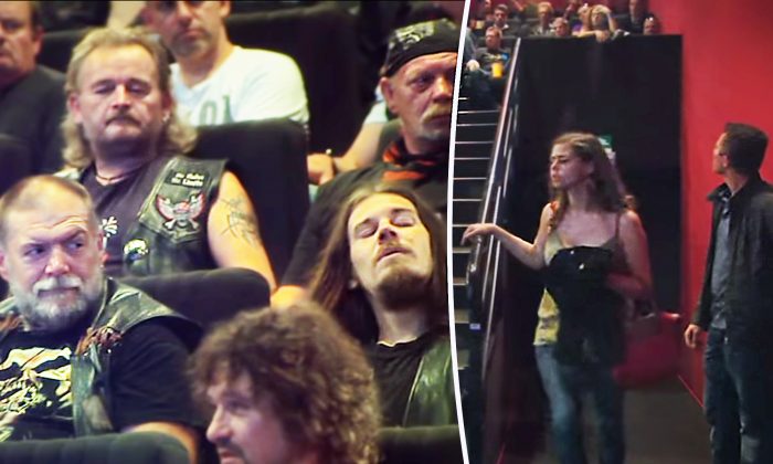 Un couple arrive dans un cinéma et s’assoient seul dans une salle remplie de 148 motards tatoués et imposants