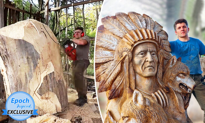 Un artiste à la tronçonneuse sculpte un portrait amérindien plus grand que nature dans un tronc d&rsquo;arbre