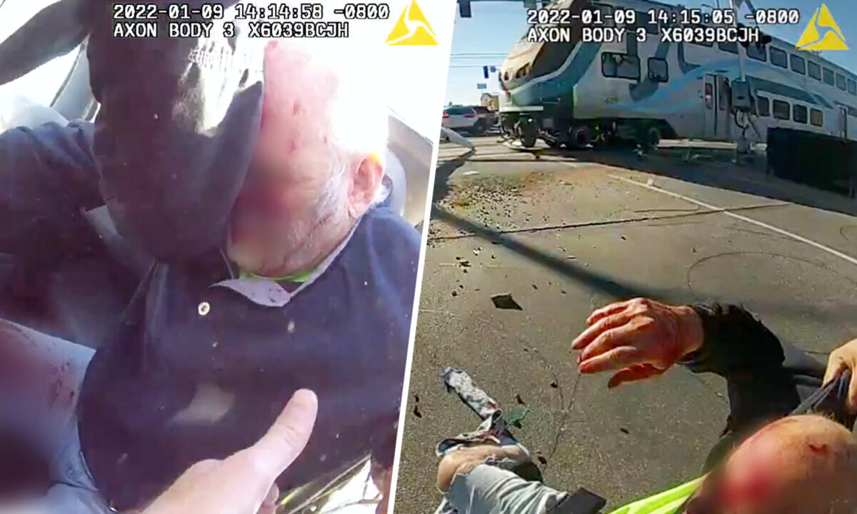  Des agents de la police de Los Angeles libèrent un pilote coincé dans un avion écrasé sur une voie ferrée quelques instants avant le passage du train