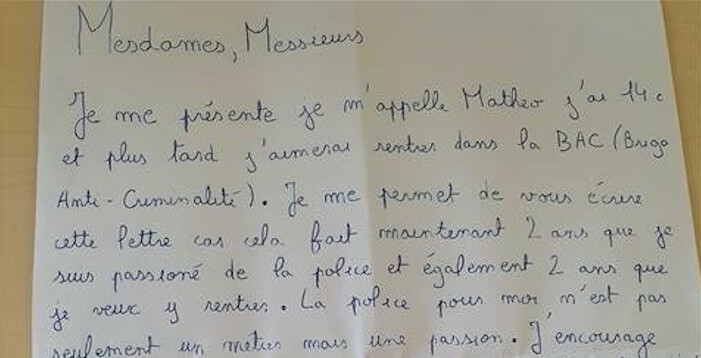 À 14 ans, Matheo écrit une lettre admirative aux policiers, ces « héros du quotidien »