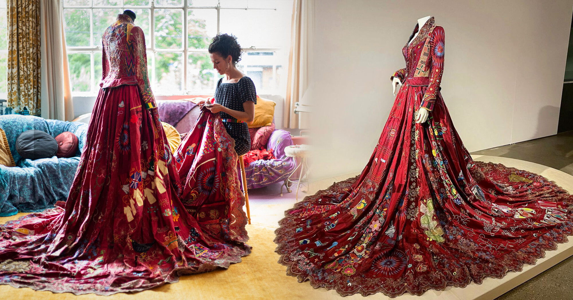 Une robe rouge étonnante, fabriquée par 370 artisans dans 50 pays pendant 13 ans, raconte l&rsquo;histoire des femmes