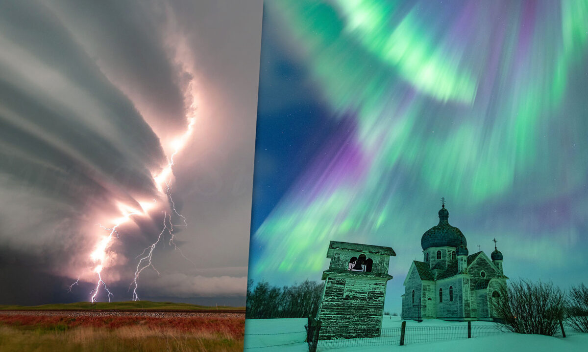 PHOTOS : Un chasseur d&rsquo;orages capture des aurores multicolores dansant au-dessus des Prairies canadiennes et des tempêtes surréalistes