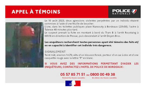 Appel à témoin après deux agressions au hachoir à Bordeaux et Talence