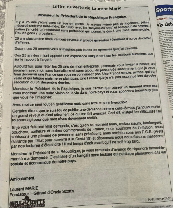Un restaurateur écrit à Emmanuel Macron pour le rencontrer et lui faire « découvrir une France simple, sympa, qui travaille et qui fatigue mais ne se plaint pas »