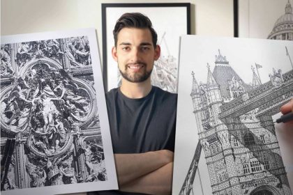 Un artiste en architecture dessine des palais incroyables, le pont de Londres et le Louvre avec une minutie exemplaire